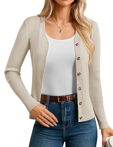 GRACE KARIN Damen Strickjacke Elegant Gerippt Langarm Knopfleiste V-Ausschnitt Herbstl Warm Winter Figurbetont von GRACE KARIN