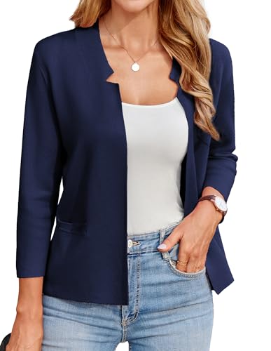 GRACE KARIN Strickjacke Blau Damen 3/4 Arm Open Front Blazer Jacke Damen Mit Taschen Freizeit Marineblau L von GRACE KARIN