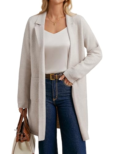 GRACE KARIN Damen Strickjacke Lang Lässig Revers Kragen Langarm Pullover Cardigan für Business Büro CL249-02/Weiß S von GRACE KARIN