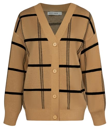 Damen Strickjacke Kurz Langarm V-Ausschnitt Trachtenjacke Oversized Casual Cardigan L Kaffee von GRACE KARIN