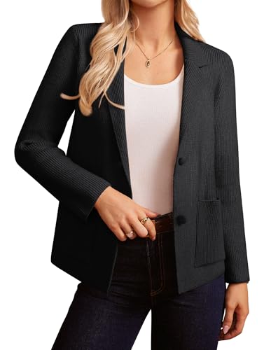 GRACE KARIN Damen Strickjacke Langarm Blazer mit Knöpfen Elegant Büro Business Cardigan Schwarz L von GRACE KARIN