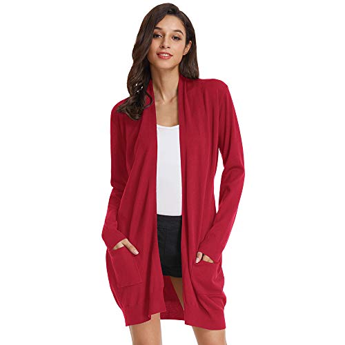 GRACE KARIN Damen Strickjacke Langarm Offene Strickmantel Lang Casual High Stretchy Cardigan mit Taschen S Rot2 von GRACE KARIN