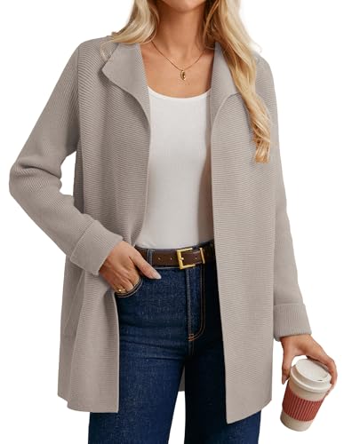GRACE KARIN Damen Strickjacke Langarm Reverskragen Cardigan Casual Strickmantel Herbst Beige L von GRACE KARIN