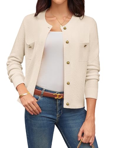 GRACE KARIN Damen Strickjacke Langarm Rundhals Knopfleiste Strukturierter Cardigan mit Taschen CL309-02/Cremefarben XXL von GRACE KARIN