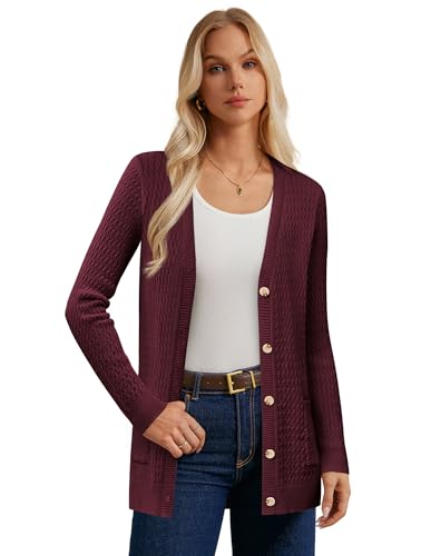 GRACE KARIN Damen Strickjacke Langarm V-Ausschnitt Button Down Basic Freizeit Cardigan Dunkelrot XL von GRACE KARIN