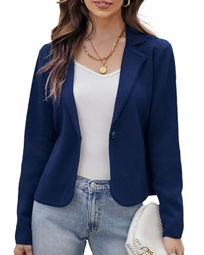 GRACE KARIN Damen Blazer Anzug Offene Front Cardigan Langarm V-Ausschnitt Button Down Arbeit Büro Blazer Jacke Dunkelblau M von GRACE KARIN