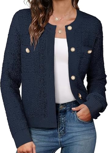GRACE KARIN Damen Strickjacken 2024 Frauen Elegante Knöpfe Strickpullover Warm Flauschig Herbst Winter Arbeit Büro Oberbekleidung Dunkelblau L von GRACE KARIN