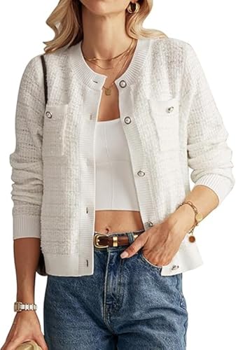 GRACE KARIN Damen Strickjacken 2024 Frauen Elegante Knöpfe Strickpullover Warm Flauschig Herbst Winter Arbeit Büro Oberbekleidung Weiß L von GRACE KARIN