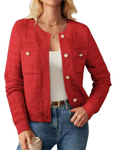 GRACE KARIN Damen Strickpullover Elegant Einfarbig Knöpfe Büro Business Gestrickt Jacke Warm Flauschig Party Strickjacken für Kleid Rot L von GRACE KARIN