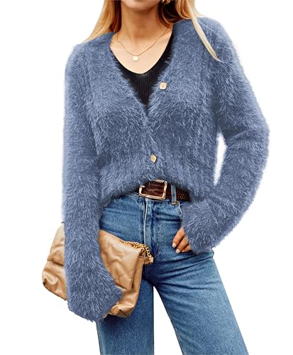 GRACE KARIN Damen Strickpullover V-Ausschnitt Langarm Cardigan Knopfleiste Elastisch Weich Kurz Herbst Winter Strickjacke Bequem Elegant Casual Schulterjacke Top von GRACE KARIN
