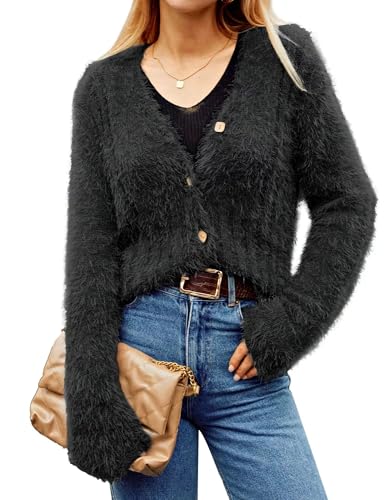 GRACE KARIN Damen Strickpullover V-Ausschnitt Langarm Cardigan Knopfleiste Elastisch Weich Kurz Herbst Winter Strickjacke Bequem Elegant Casual Schulterjacke Top von GRACE KARIN