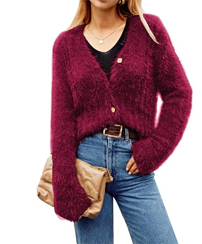 GRACE KARIN Damen Strickpullover V-Ausschnitt Langarm Cardigan Knopfleiste Elastisch Weich Kurz Herbst Winter Strickjacke Bequem Elegant Casual Schulterjacke Top von GRACE KARIN