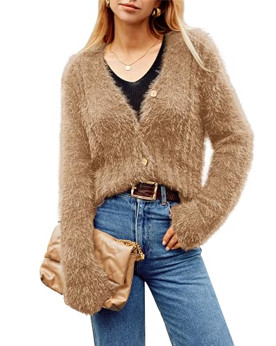 GRACE KARIN Damen Strickpullover V-Ausschnitt Langarm Cardigan mit Knöpfen Elastisch Weich Kurz Herbst Winter Strickjacke Bequem Elegant Casual Schulterjacke Top von GRACE KARIN