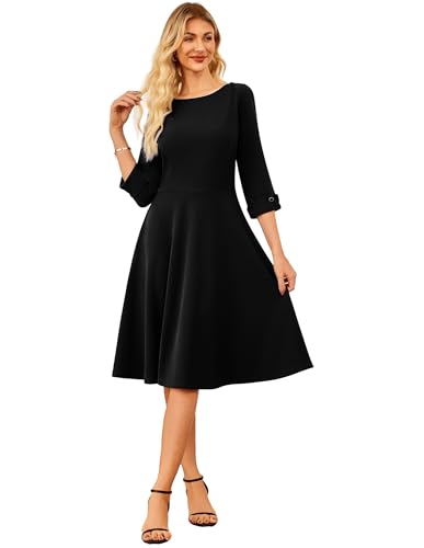GRACE KARIN Damen Swing Kleid 3/4 Ärmel U-Boot-Ausschnitt A-Linie Midikleid Festliches Sommerkleid Schwarz 2XL von GRACE KARIN