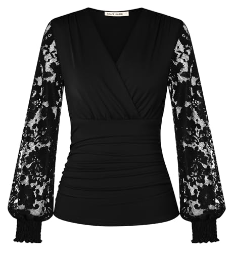 GRACE KARIN Damen Taillen Wickelbluse Spitzen Langarm Sexy Oberteile V-Ausschnitt Cocktail Party Club Bluse Schwarz M von GRACE KARIN