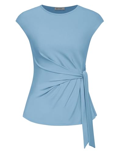 GRACE KARIN Damen-Tanktop mit Flügelärmeln, Sommer, Schnürung an der Taille, Rundhalsausschnitt, lockere Passform, lässig, einfarbig, Grau / Blau, Klein von GRACE KARIN