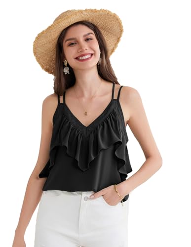 GRACE KARIN Damen-Tanktop mit V-Ausschnitt Rüschensaum drapiertes einfarbiges Cami-Top Schwarz 2XL von GRACE KARIN