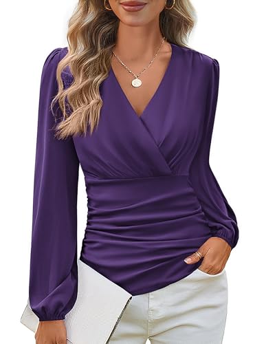 GRACE KARIN Damen-Tops, elegante Wickelbluse, V-Ausschnitt, Laterne, lange Ärmel, schmale Passform, gerüschtes Oberteil, Violett, Groß von GRACE KARIN