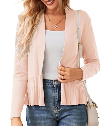 GRACE KARIN Damen Tops Open Front Slim Fitted Casual Candigan Herbst Langarm Warm Weich Strickjacke Elegant Rüschensaum Dehnbar XXL Hell-Pink von GRACE KARIN