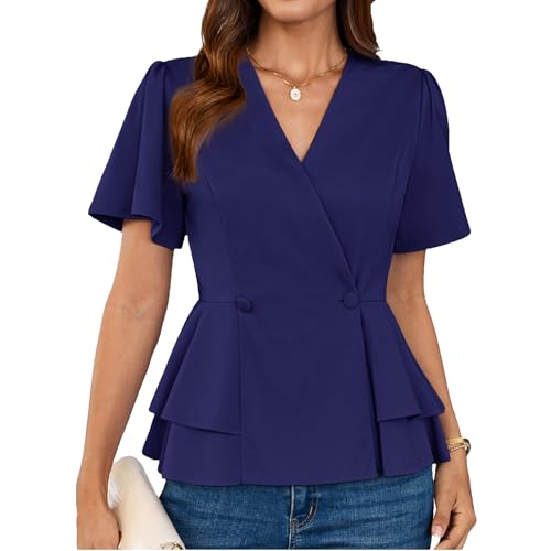 GRACE KARIN Damen Tops Sommer Oberteile Elegant Rüschen Kurzarm Tshirt Business Outfit Vintage XXL Dunkel Blau-9 GRACE KARIN Damen Tops Sommer Oberteile Elegant Rüschen Kurzarm Tshirt Business Outfit Vintage XXL Dunkel Blau-9 von GRACE KARIN