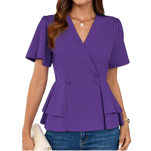 GRACE KARIN Damen Tops Sommer Oberteile Elegant Rüschen Kurzarm Tshirt Business Outfit Vintage XXL Violett -11 GRACE KARIN Damen Tops Sommer Oberteile Elegant Rüschen Kurzarm Tshirt Business Outfit Vintage XXL Violett -11 von GRACE KARIN