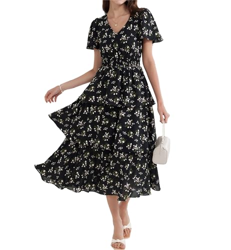 GRACE KARIN Damen Übergröße Lockere Passform Strandkleid Ladies Geraffte Hohe Taille Kurzarm Blumenkleid Vintage Mittelalter Kleid XL Weiße Blumen-Schwarz von GRACE KARIN