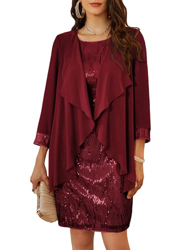 GRACE KARIN Damen Übergrößes Abendkleider mit Pailletten Elegant Vintage Ärmelloses Rundhals Alltag Zweiteiliger Sommerkleid Rotwein L von GRACE KARIN