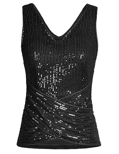 GRACE KARIN Damen Überkreuzte Taille Bluse Oberteile Glitzer Oberteil Tops Ärmellos V-Ausschnitt Weste V-RÜcken Tank Top M Schwarz CL2346A23-01 von GRACE KARIN