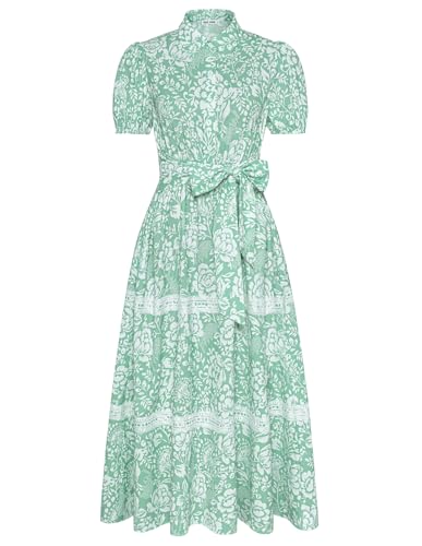 GRACE KARIN Damen Urlaub Party Strand Hochzeit Kleider Casual A-Linie Freizeitkleid mit Tasche Hawaiianisches Bohemian Maxikleid Weiße Blumen-Grün XL von GRACE KARIN