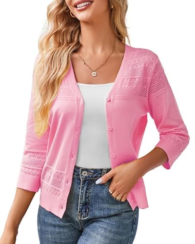 GRACE KARIN Damen V-Ausschnitt 3/4 Ärmel Cardigan Strickjacke Pink M von GRACE KARIN