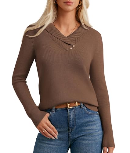 GRACE KARIN Damen V-Ausschnitt Alltag Pullover Elegant Herbst Winter Langarm Warme Pullover mit Knöpfen Braun S von GRACE KARIN