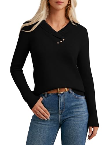 GRACE KARIN Damen V-Ausschnitt Alltag Pullover Elegant Herbst Winter Langarm Warme Pullover mit Knöpfen Schwarz M von GRACE KARIN