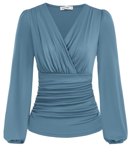 Damen V-Ausschnitt Bluse Langarm Einfarbig Slim Fit Plissee-Tops Tunika Blusen Grau Blau XL von GRACE KARIN