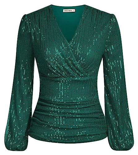 GRACE KARIN Damen V-Ausschnitt Bluse Mode Abend Party Wedding Glitzertop Tunika Lange Ärmel mit elastischen Öffnungen S Blaugrün von GRACE KARIN