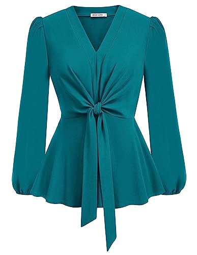 Damen V-Ausschnitt Bluse SIM Fit Elegant Tunika Lange Ärmel Casual Shirt Rüschen Bluse mit Gürtel Blau Grün L von GRACE KARIN