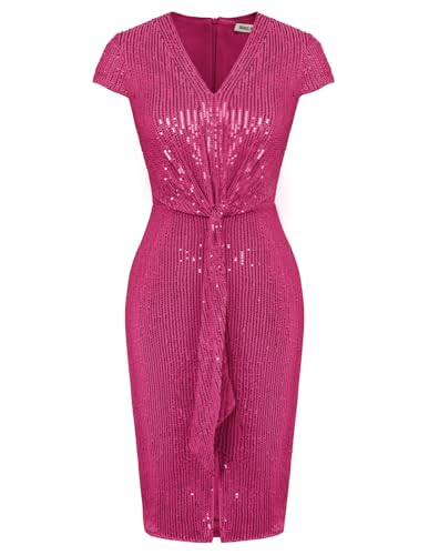 GRACE KARIN Damen V-Ausschnitt Bodycon Slim Fitted Etuikleid Kleid Vintage Party Kleid Elastische Taille Cocktailkleid mit Pailletten Rose Rot XL von GRACE KARIN