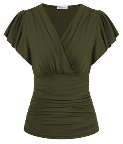 Damen V-Ausschnitt Chiffon Bluse Flatterärmel Plissee-Tops Tunika Slim Fitted Leicht Oberteile Elegant L Armeegrün von GRACE KARIN
