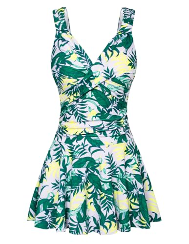 GRACE KARIN Damen V-Ausschnitt Einteiliger Badekleider Sommer Blumen Muster Bauchweg Bademode Gelbgrüne-Blätter 2XL von GRACE KARIN