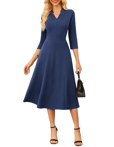GRACE KARIN Damen V-Ausschnitt Midikleid Elegant 3/4 Ärmel A-Linie Cocktailkleid Marineblau M von GRACE KARIN