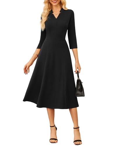 GRACE KARIN Damen V-Ausschnitt Midikleid Elegant 3/4 Ärmel A-Linie Cocktailkleid Schwarz M von GRACE KARIN