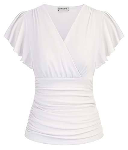 GRACE KARIN Damen V-Ausschnitt Oberteile Sexy Kurzarm Casual Mode Bluse Tops Tunika Elegant Einfarbig Pullover Weiss XL von GRACE KARIN