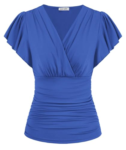 GRACE KARIN Damen V-Ausschnitt Oberteile Sexy Kurzarm Slim Fit Tops Tunika Elegant Einfarbig Blusen Urlaub Sommer Top Pfauenblau L von GRACE KARIN