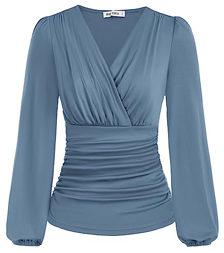 GRACE KARIN Damen V-Ausschnitt Oberteile Sexy Langarm Slim Fit Tops Tunika Elegant Einfarbig Blusen Grau Blau M von GRACE KARIN