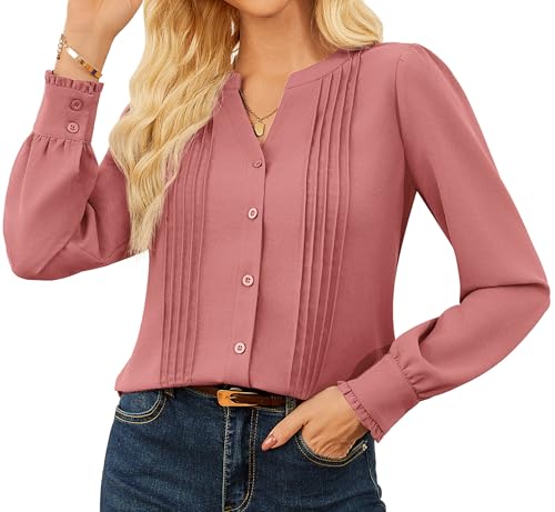 GRACE KARIN Damen V-Ausschnitt Oversize Loose Fit Bluse Casual Einfarbige Langarmshirts mit Knöpfen Graurosa XXL von GRACE KARIN