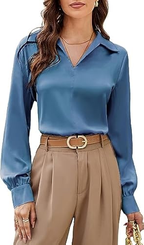 GRACE KARIN Damen V-Neck Langarm Hemd Casual Reverskragen Bluse Elegant Tunika Hemd, Farbe: Stahlblau, Größe: S von GRACE KARIN