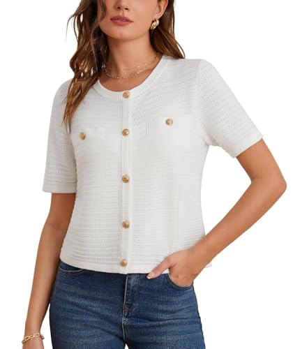 GRACE KARIN Damen Vintage Elegante Rundhals Strickjacke Cropped Knopfleiste Cardigan Sommer Urlaub Jacke Abend Freizeit Strickjacke Weiß XXL von GRACE KARIN