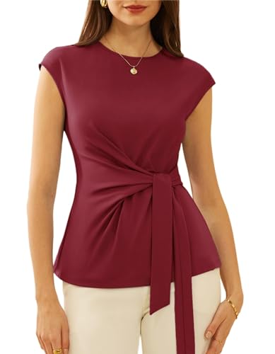 GRACE KARIN Damen Vintage Flügelärmel Wickelbluse Rundhalsausschnitt Tunika Rot Elegant Tunika Basic Einfarbige Obterile Frezait Top Dunkelrot L von GRACE KARIN