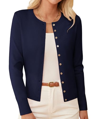 GRACE KARIN Damen Vintage Langarm Baisc Open Front Rundhals Solid Farbe Leichte Cardigan Dunkelblau XL von GRACE KARIN