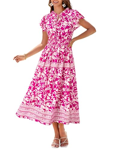 GRACE KARIN Damen Vintage Mittelalter Fließende Kleider mit V-Ausschnitt Kurzarm Strand Boho Freizeitkleid Dunkelrosa Blumen S von GRACE KARIN