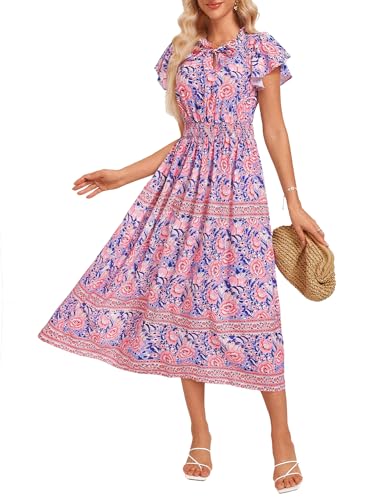 GRACE KARIN Damen Vintage Mittelalter Fließende Kleider mit V-Ausschnitt Kurzarm Strand Boho Freizeitkleid Rosa Blumen-Blau S von GRACE KARIN